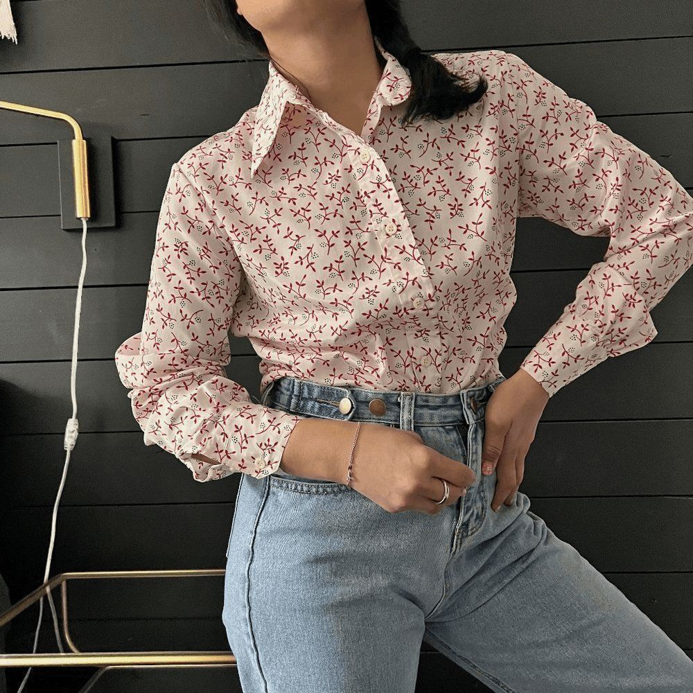 Vintage 1970s floral long sleeve button down blouse pretty secretary medium - Picture 3 of 9